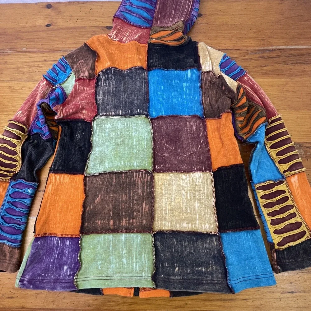 Happy Colors‎ Womens XL Jacket Hoodie Multicolor Patchwork Boho Hippy Distressed
